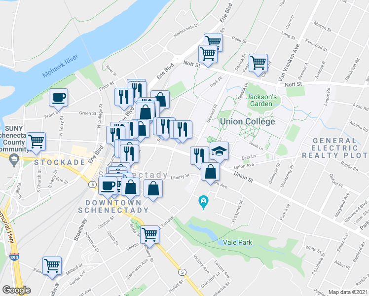 map of restaurants, bars, coffee shops, grocery stores, and more near 709 Union Street in Schenectady