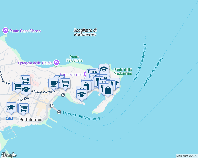 map of restaurants, bars, coffee shops, grocery stores, and more near Vicolo San Francesco in Portoferraio