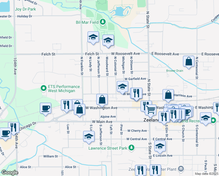 map of restaurants, bars, coffee shops, grocery stores, and more near 221 Woodward Street in Zeeland