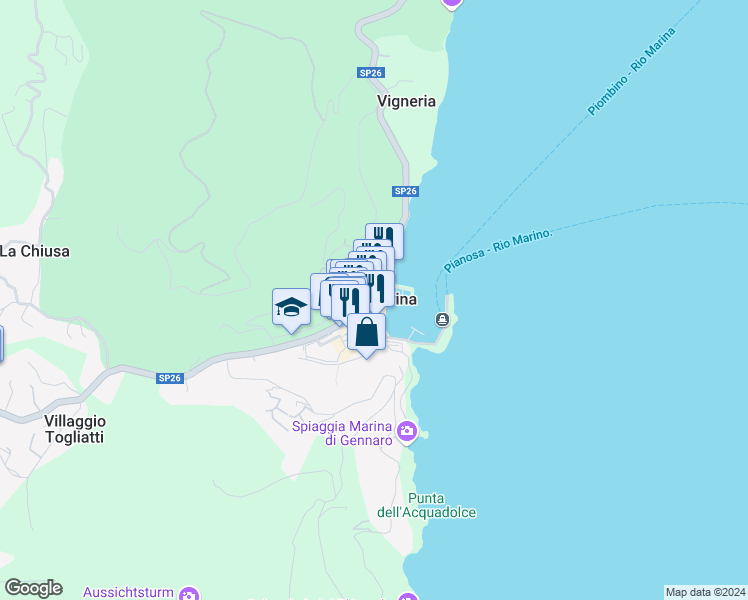 map of restaurants, bars, coffee shops, grocery stores, and more near 19 Via Roma in Rio Marina