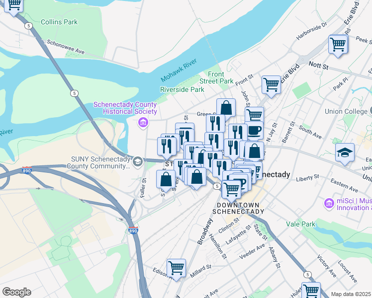 map of restaurants, bars, coffee shops, grocery stores, and more near 115 South Ferry Street in Schenectady
