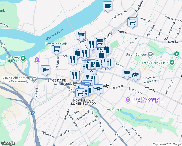 map of restaurants, bars, coffee shops, grocery stores, and more near 410 Union Street in Schenectady