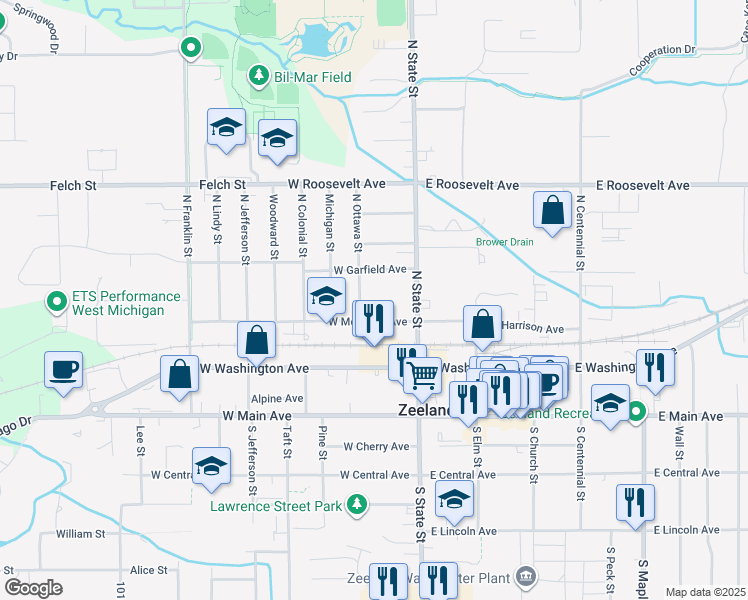 map of restaurants, bars, coffee shops, grocery stores, and more near 37 West McKinley Avenue in Zeeland