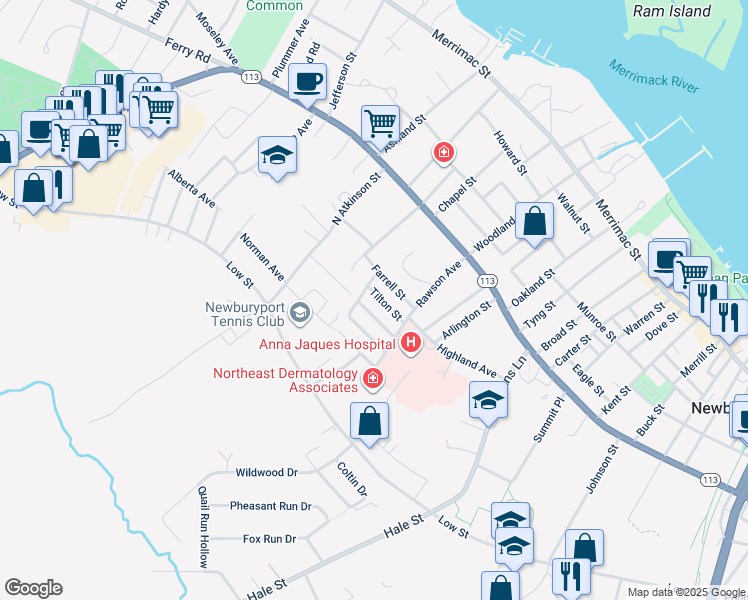 map of restaurants, bars, coffee shops, grocery stores, and more near 11 Tilton Street in Newburyport
