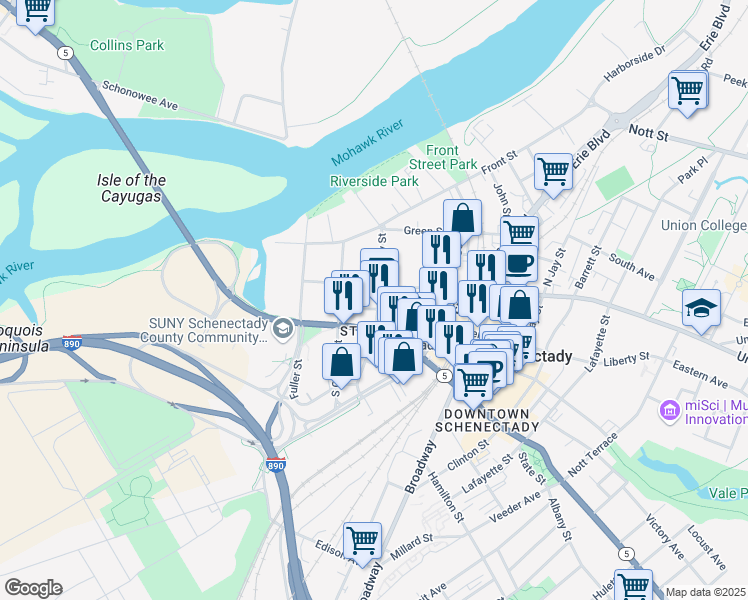 map of restaurants, bars, coffee shops, grocery stores, and more near 115 South Ferry Street in Schenectady