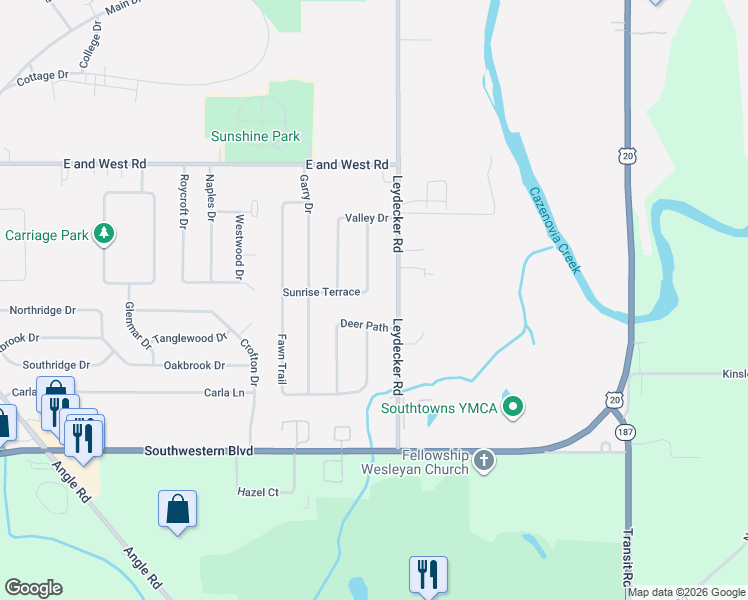 map of restaurants, bars, coffee shops, grocery stores, and more near 71 Sunrise Terrace in West Seneca