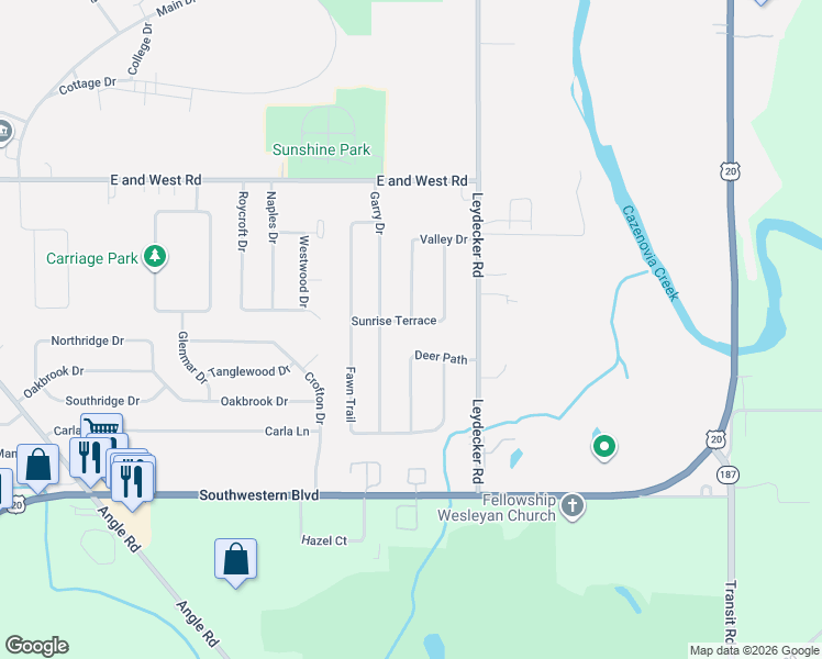 map of restaurants, bars, coffee shops, grocery stores, and more near 107 Sunrise Terrace in Buffalo