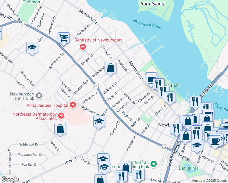 map of restaurants, bars, coffee shops, grocery stores, and more near 40 Tyng Street in Newburyport