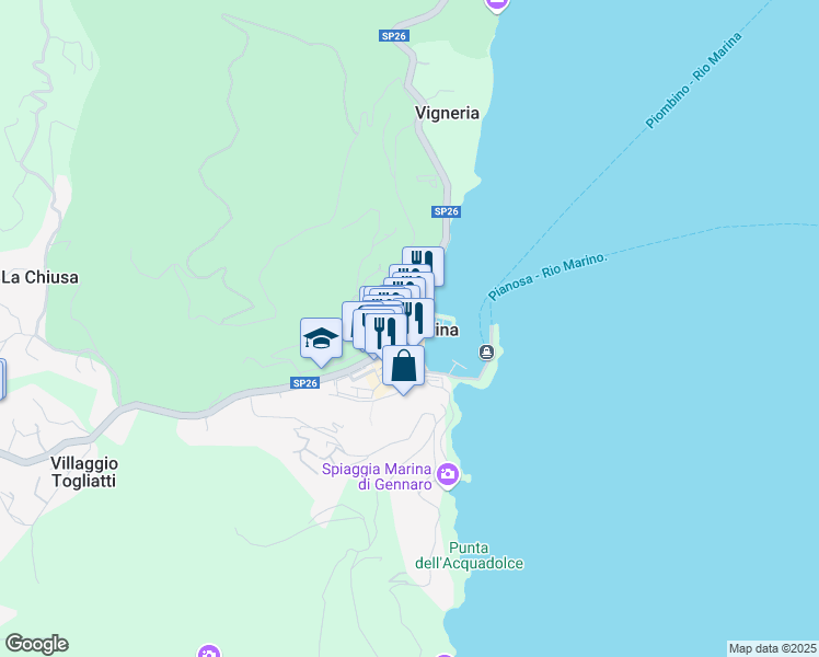 map of restaurants, bars, coffee shops, grocery stores, and more near 19 Via Roma in Rio Marina