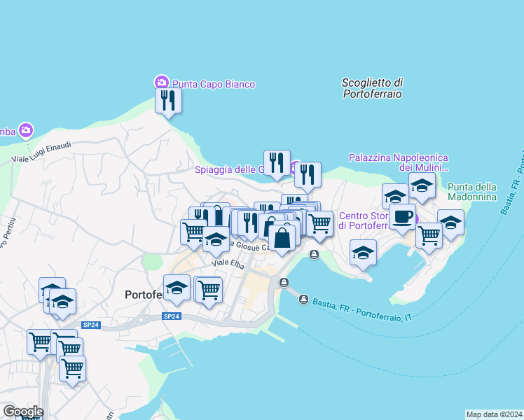 map of restaurants, bars, coffee shops, grocery stores, and more near 54 Via San Rocco in Portoferraio