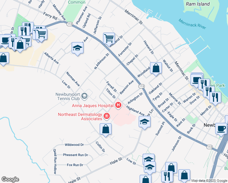 map of restaurants, bars, coffee shops, grocery stores, and more near 5 Farrell Street in Newburyport
