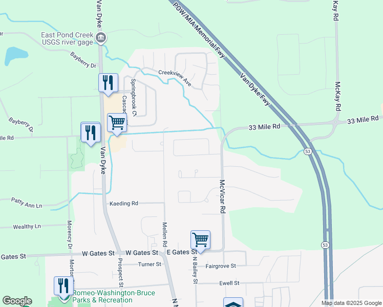 map of restaurants, bars, coffee shops, grocery stores, and more near 12451 Evline Drive in Romeo