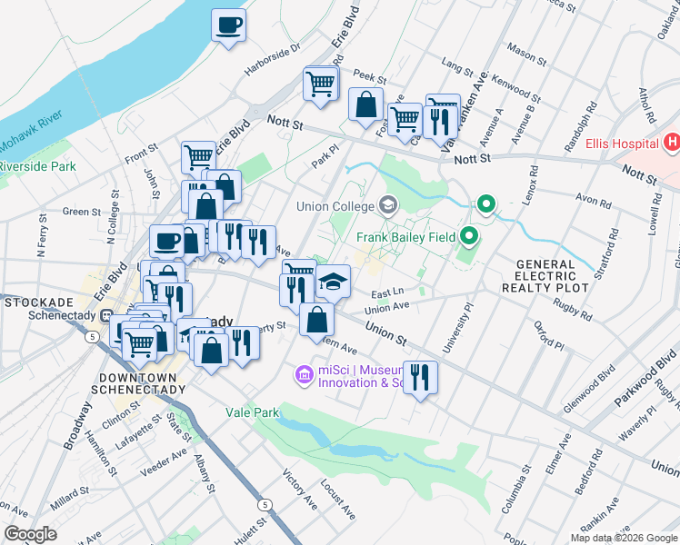 map of restaurants, bars, coffee shops, grocery stores, and more near 807 Union Street in Schenectady