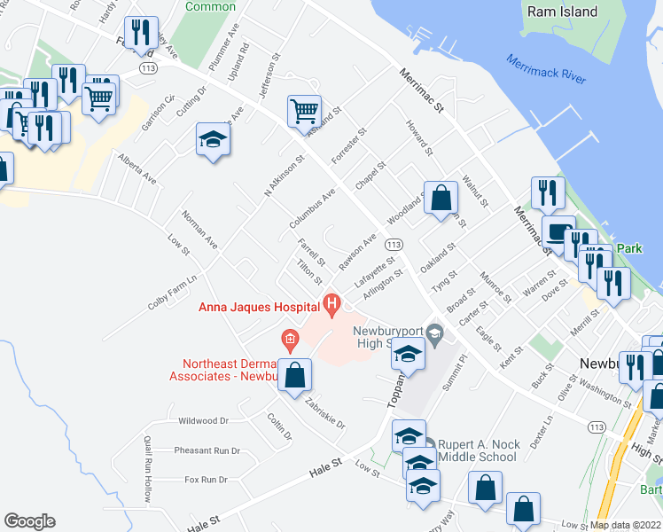 map of restaurants, bars, coffee shops, grocery stores, and more near 4 Farrell Street in Newburyport