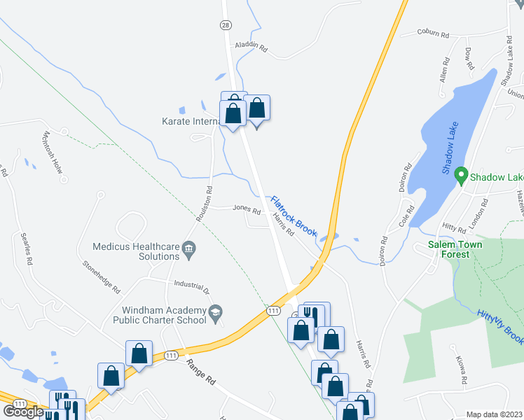 map of restaurants, bars, coffee shops, grocery stores, and more near 43 New Hampshire 28 in Windham
