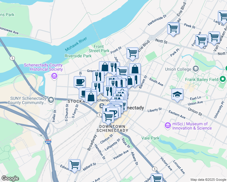 map of restaurants, bars, coffee shops, grocery stores, and more near 17 Broadway in Schenectady