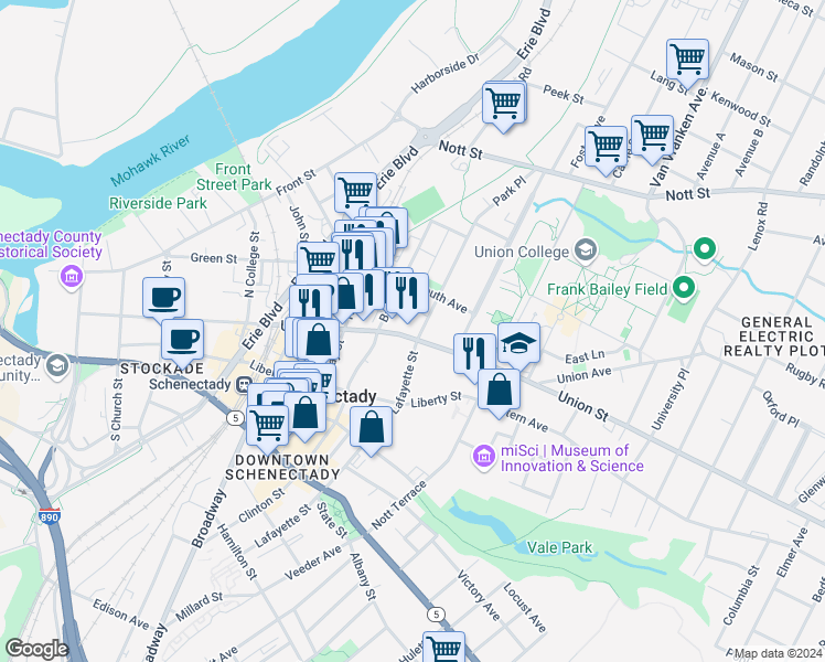 map of restaurants, bars, coffee shops, grocery stores, and more near 617 Union Street in Schenectady