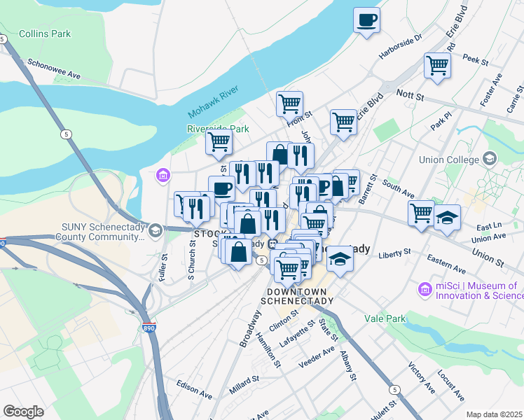map of restaurants, bars, coffee shops, grocery stores, and more near 238 Union Street in Schenectady