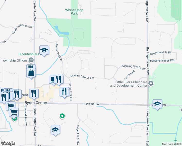map of restaurants, bars, coffee shops, grocery stores, and more near 1887 Morning Dew Drive Southwest in Byron Center