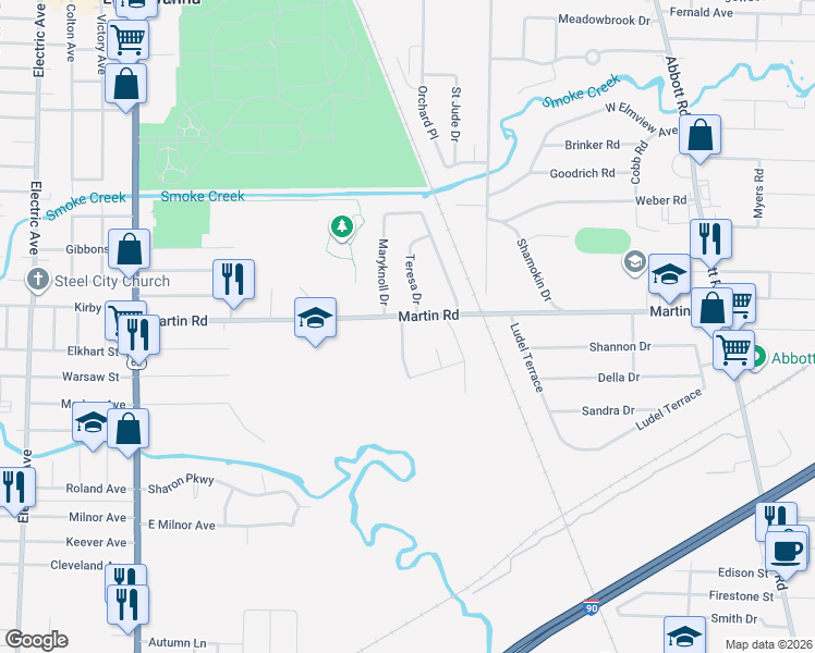 map of restaurants, bars, coffee shops, grocery stores, and more near 303 Martin Road in Buffalo