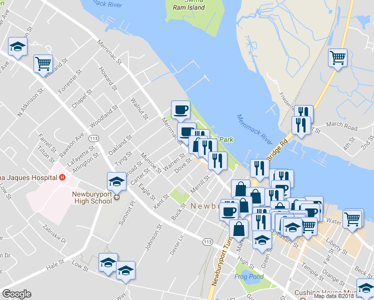 map of restaurants, bars, coffee shops, grocery stores, and more near 203 Merrimac Street in Newburyport