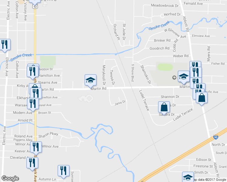 map of restaurants, bars, coffee shops, grocery stores, and more near 303 Martin Road in Buffalo