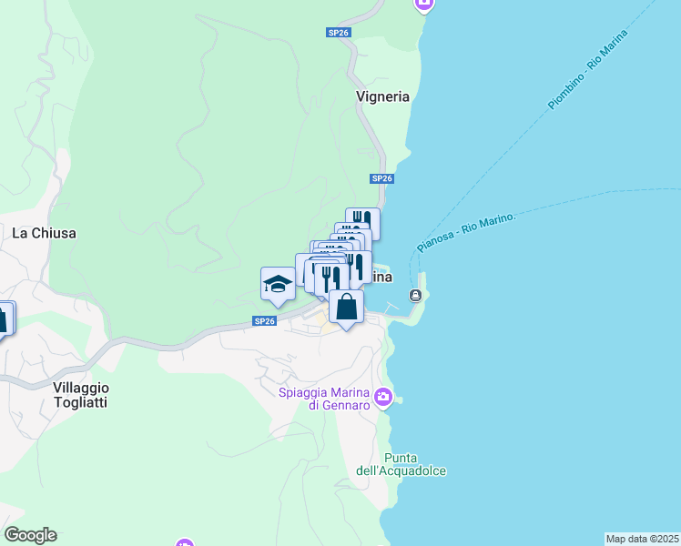 map of restaurants, bars, coffee shops, grocery stores, and more near 19 Via Roma in Rio Marina