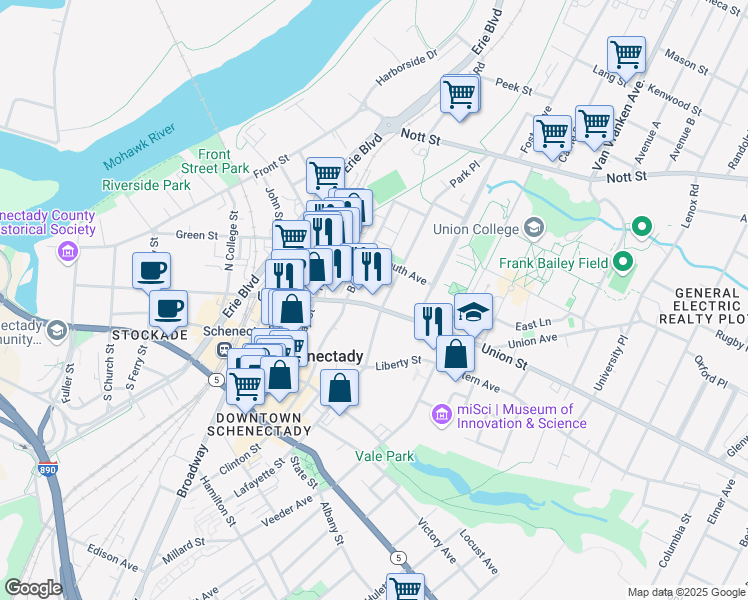 map of restaurants, bars, coffee shops, grocery stores, and more near 617 Union Street in Schenectady