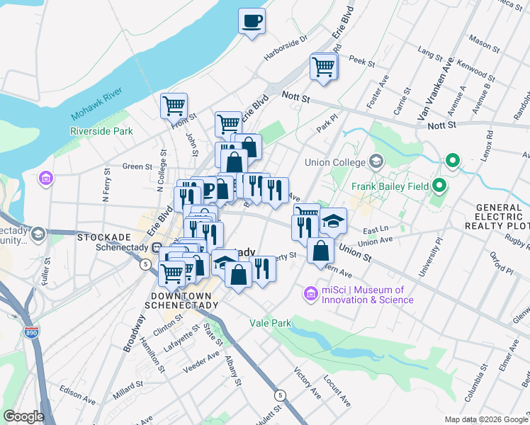 map of restaurants, bars, coffee shops, grocery stores, and more near 619 Union Street in Schenectady