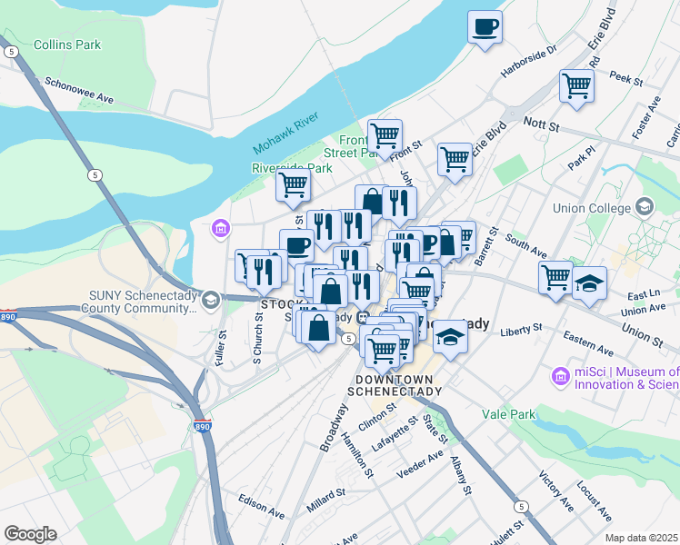 map of restaurants, bars, coffee shops, grocery stores, and more near 238 Union Street in Schenectady