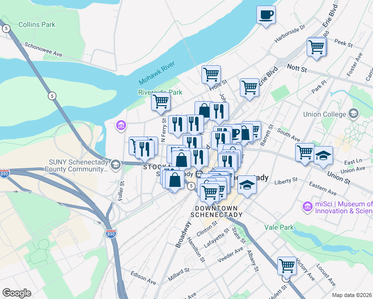 map of restaurants, bars, coffee shops, grocery stores, and more near 238 Union Street in Schenectady