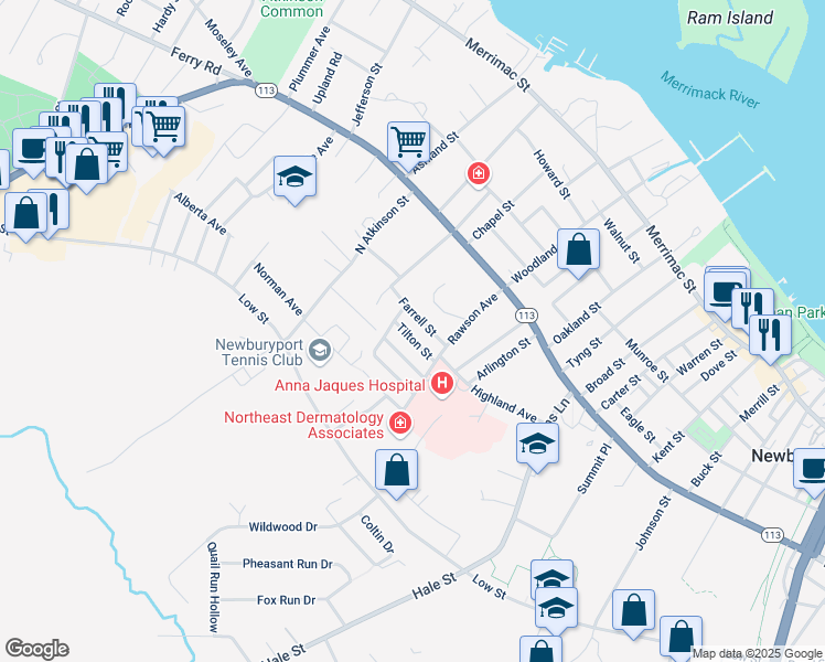 map of restaurants, bars, coffee shops, grocery stores, and more near 11 Tilton Street in Newburyport