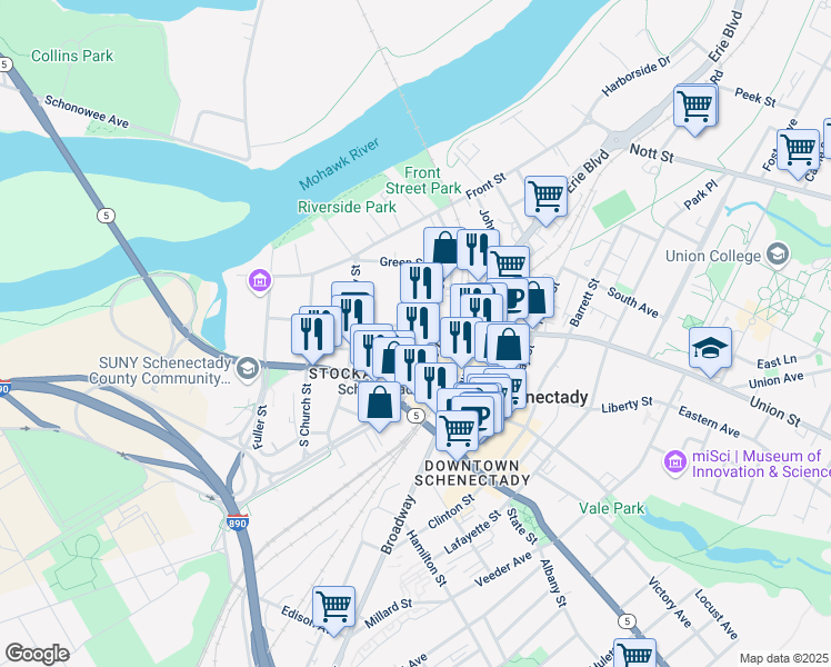 map of restaurants, bars, coffee shops, grocery stores, and more near 244 Union Street in Schenectady