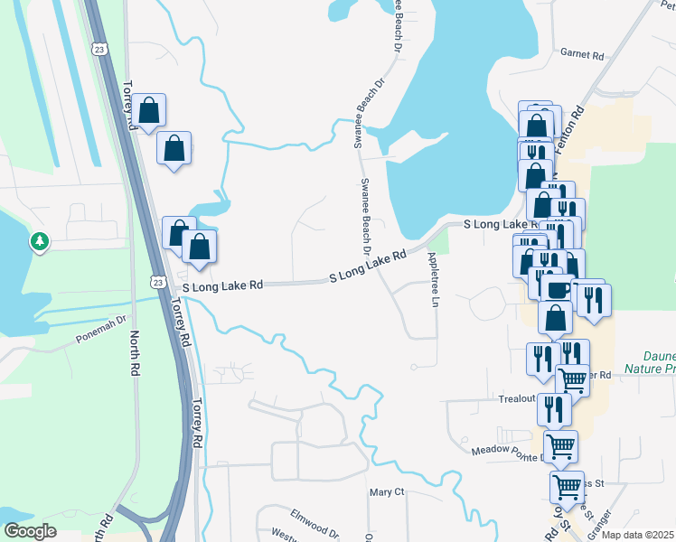 map of restaurants, bars, coffee shops, grocery stores, and more near 2290 South Long Lake Road in Fenton