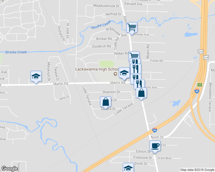 map of restaurants, bars, coffee shops, grocery stores, and more near 495 Martin Road in Buffalo