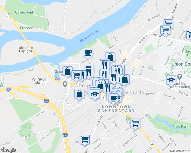map of restaurants, bars, coffee shops, grocery stores, and more near 218 Union Street in Schenectady