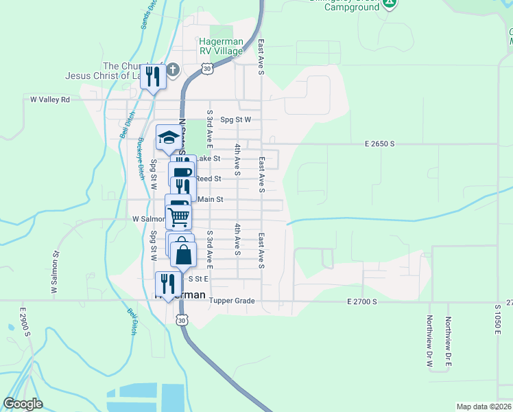 map of restaurants, bars, coffee shops, grocery stores, and more near 180 East Avenue South in Hagerman