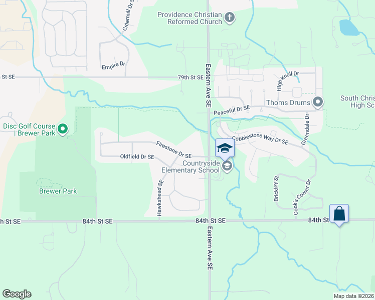 map of restaurants, bars, coffee shops, grocery stores, and more near 745 Firestone Drive Southeast in Byron Center