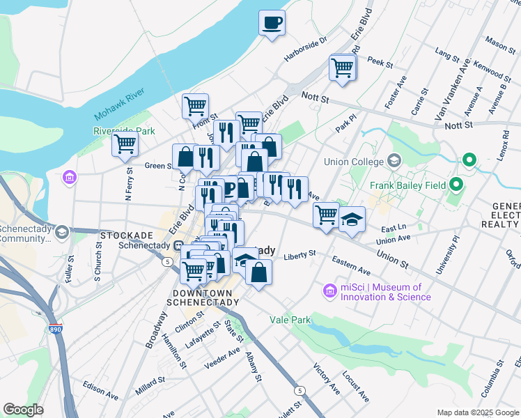 map of restaurants, bars, coffee shops, grocery stores, and more near 521 Union Street in Schenectady