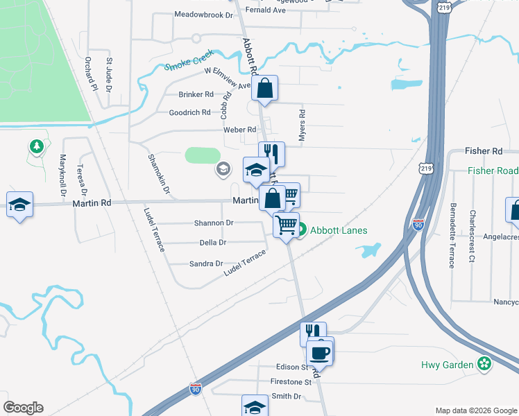 map of restaurants, bars, coffee shops, grocery stores, and more near 168 Shannon Drive in Buffalo