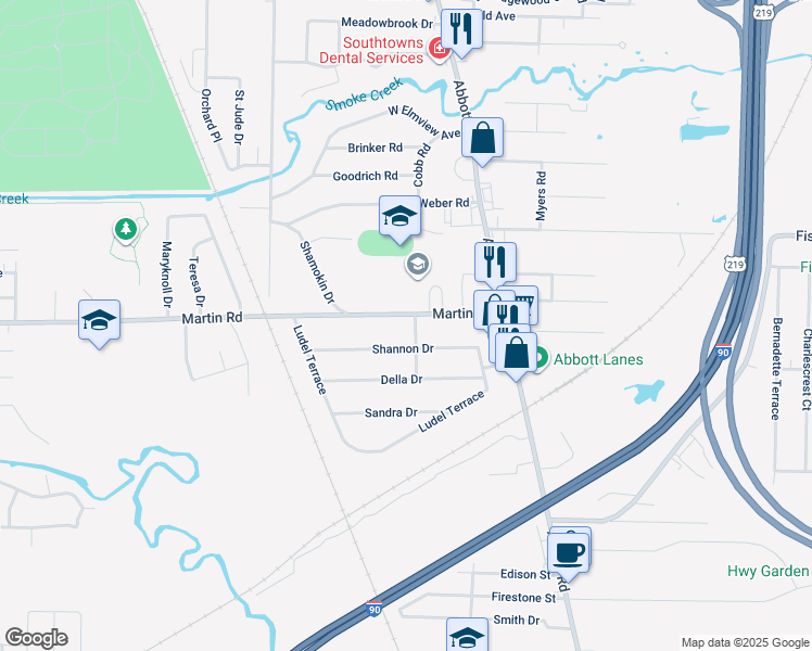 map of restaurants, bars, coffee shops, grocery stores, and more near 495 Martin Road in Buffalo