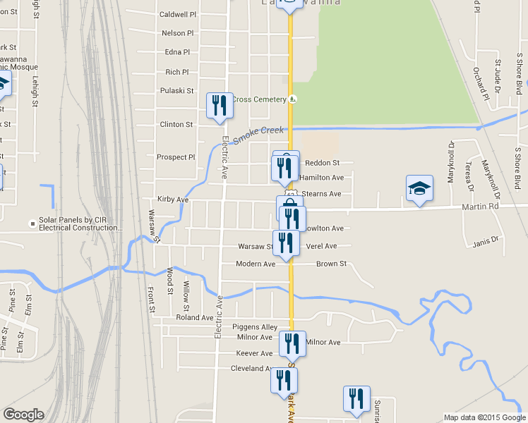 map of restaurants, bars, coffee shops, grocery stores, and more near 10 Saint James Place in Lackawanna