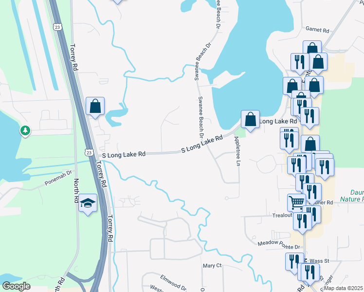 map of restaurants, bars, coffee shops, grocery stores, and more near 2290 South Long Lake Road in Fenton
