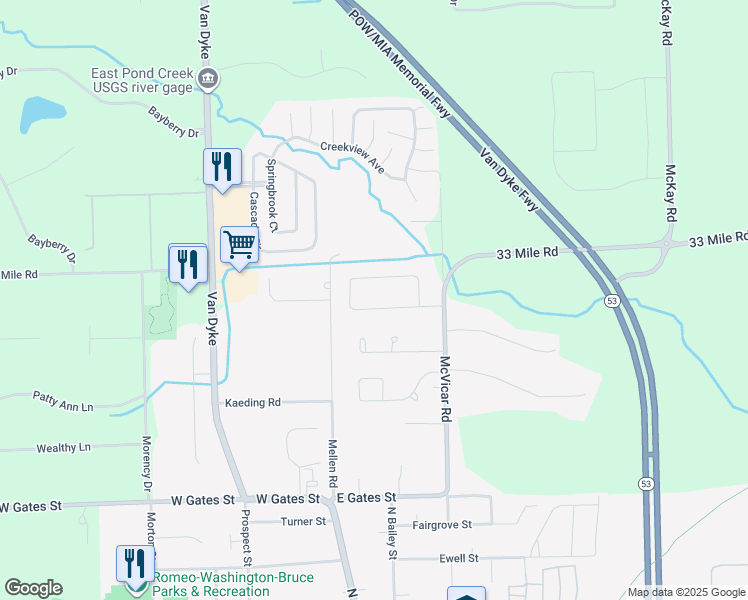 map of restaurants, bars, coffee shops, grocery stores, and more near 12451 Evline Drive in Romeo
