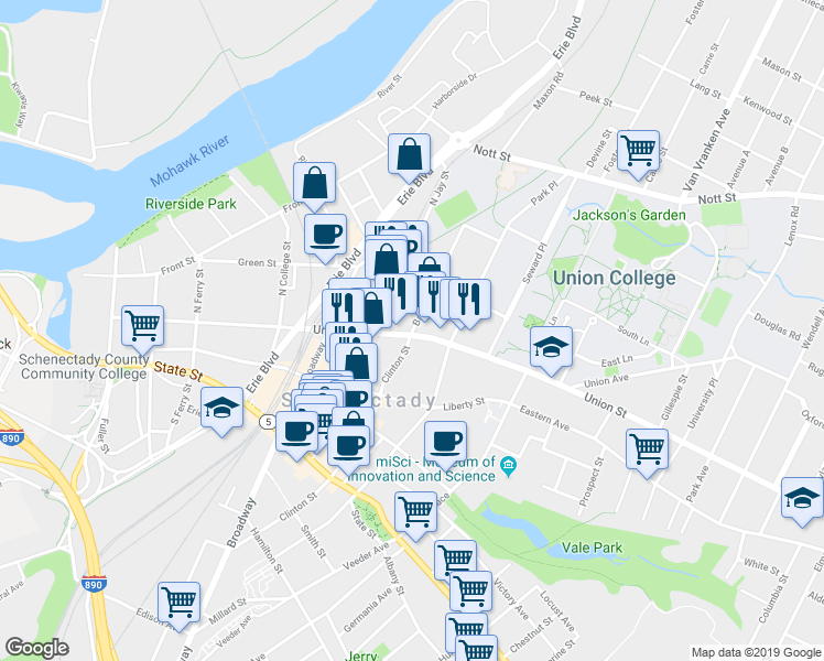 map of restaurants, bars, coffee shops, grocery stores, and more near 1005 Barrett Street in Schenectady