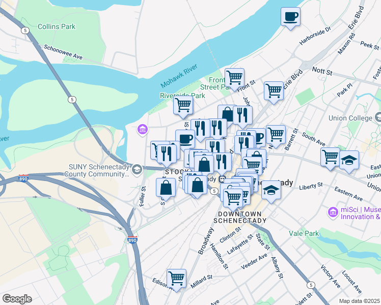 map of restaurants, bars, coffee shops, grocery stores, and more near 208 Union Street in Schenectady