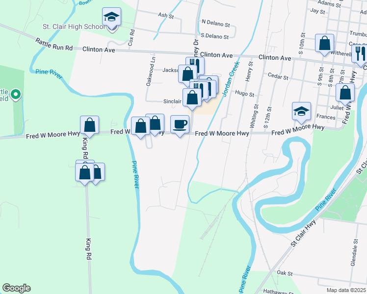 map of restaurants, bars, coffee shops, grocery stores, and more near 1306 South Carney Drive in Saint Clair