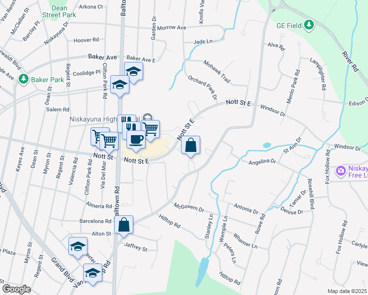 map of restaurants, bars, coffee shops, grocery stores, and more near 2350 Nott Street East in Schenectady County