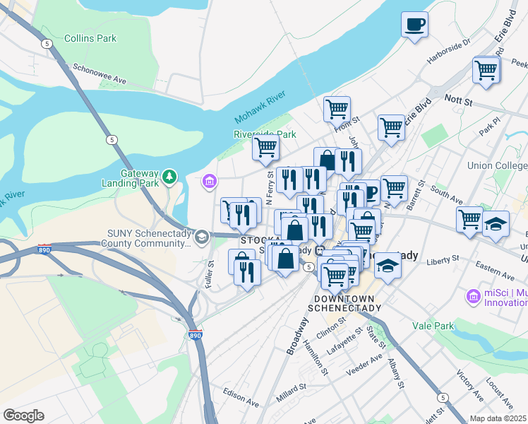 map of restaurants, bars, coffee shops, grocery stores, and more near 110 Union Street in Schenectady