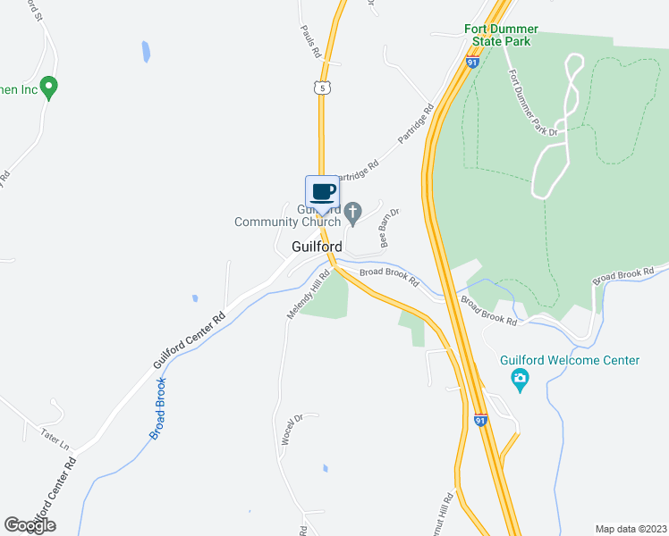 map of restaurants, bars, coffee shops, grocery stores, and more near U.S. 5 & Melendy Hill Rd in Guilford